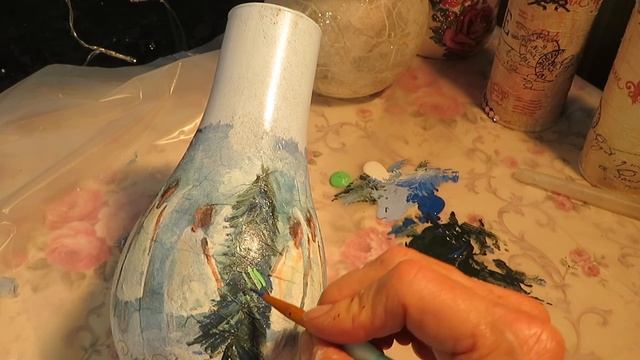 DIY Decoupage Hurricane Lamp Angels In Snow