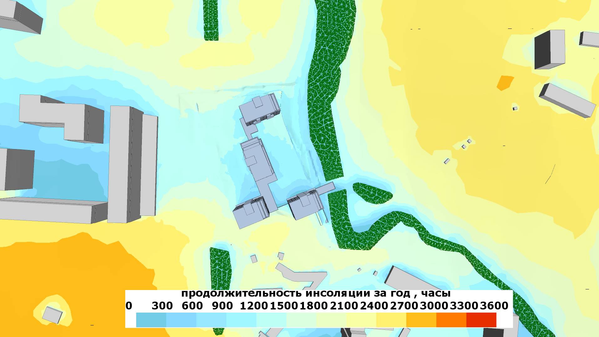 Накопление часов инсоляции за год на прилегающей к жилому комплексу территории