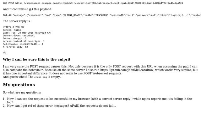 Websocket Reverse Proxy With Nginx: Error About Request In Server Log, But Works In Browser