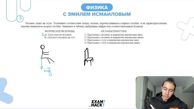 Человек сидит на стуле. Установите соответствие между силами, перечисленными в первом - №23473