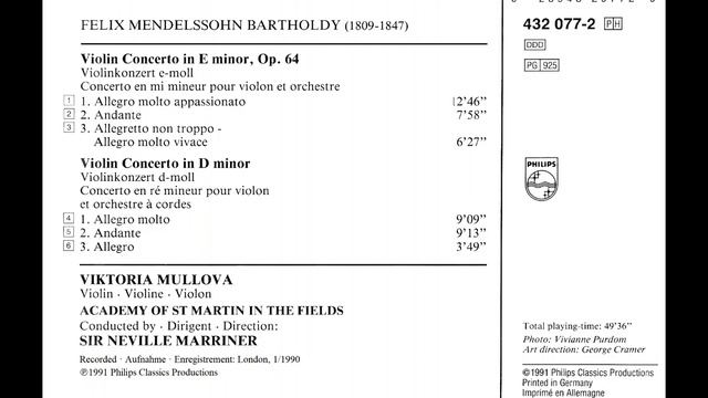 Mendelssohn: Violin Concerto In D Minor (1822) - Viktoria Mullova, Neville Marriner, ASMF