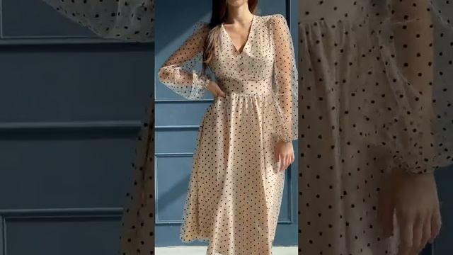 ЭЛЕГАНТНОЕ ВЕЧЕРНЕЕ МИДИ ПЛАТЬЕ С ОБЪЕМНЫМИ РУКАВАМИ БЕЖЕВОГО ЦВЕТА Berezka Shop