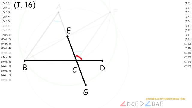 (I.16) Exterior Angle Of A Triangle Is Greater Than The Opposite Interior Angles, Proof