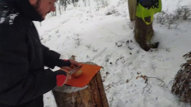 говяжья похлёбка в чугуне, в зимнем лесу