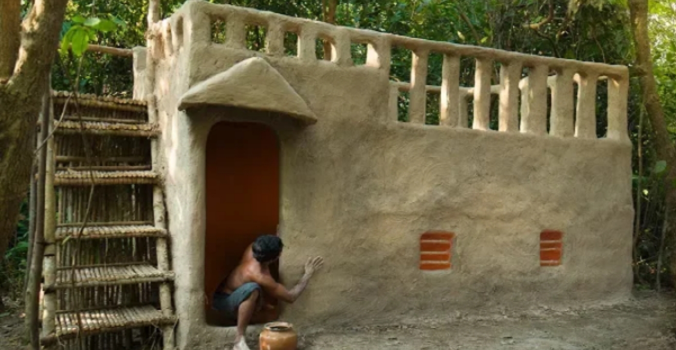 Постройте невероятную виллу из глины в глубоких джунглях без инструментов.