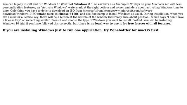 Apple: Can I Run Windows 10 On My MacBook Air Via Bootcamp Without Paying For A Windows License?