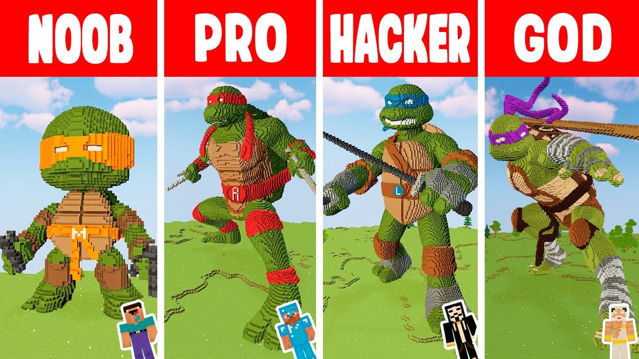 Minecraft: TEENAGE MUTANT NINJA TURTLES BUILD CHALLENGE - NOOB Vs PRO Vs HACKER Vs GOD