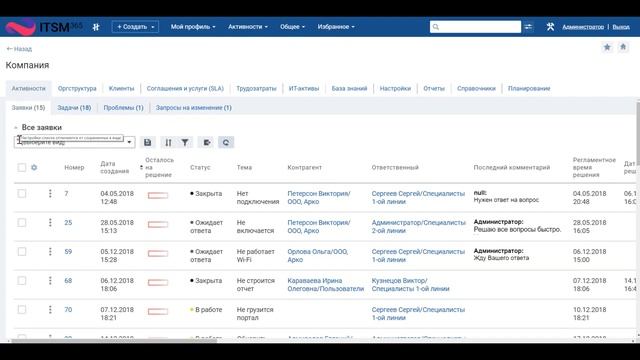Вид списка объектов в ITSM 365