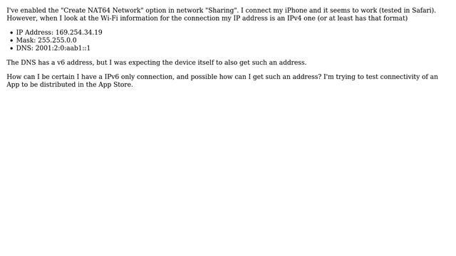 Apple: NAT64 Enabled On OSX, IPhone Still Gets An IPv4 IP Address