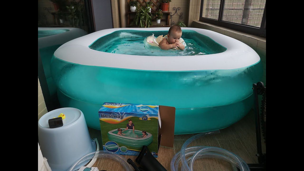 Обзор:  Bestway надувной бассейн на балконе в Гуанчжоу, помпа для откачки и другие аксессуары