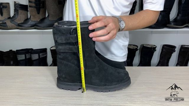 Унты России - сапоги мужские натуральные черные замшевые на липучках, код 40089