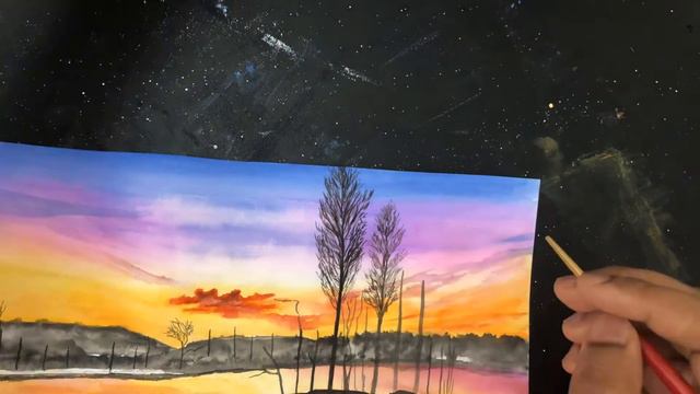 Calm Lake on a Winter Evening  Sunset Water Colour Painting
