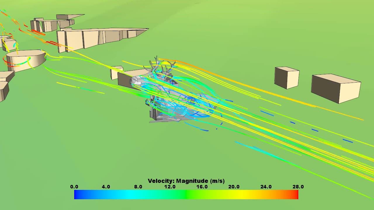 Движение воздуха при обтекании здания сложной формы