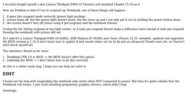 Ubuntu: Lenovo Thinkpad E460 Suspend Problem