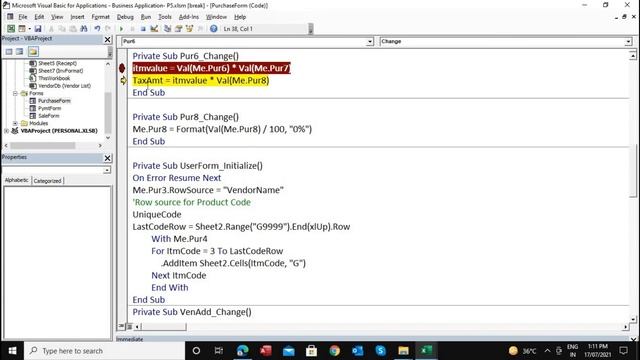 Small Business Application Pt-5 | Data Entry In Userform For Purchase Transaction | Stock | In Exce