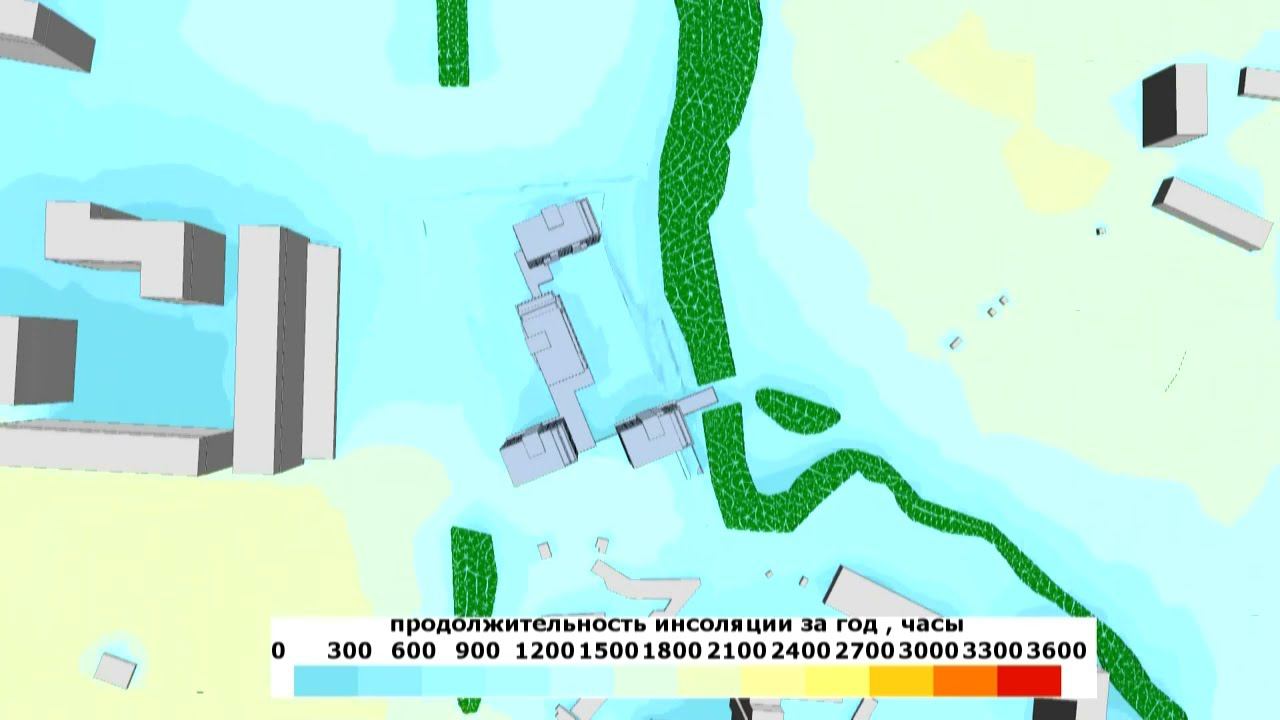 Накопление часов инсоляции за год на прилегающей к жилому комплексу территории