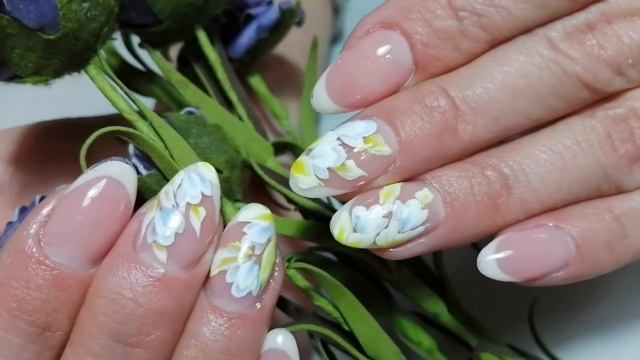 Коррекция ногтей гелем, выкладной френч, роспись китайская, весенний дизайн 