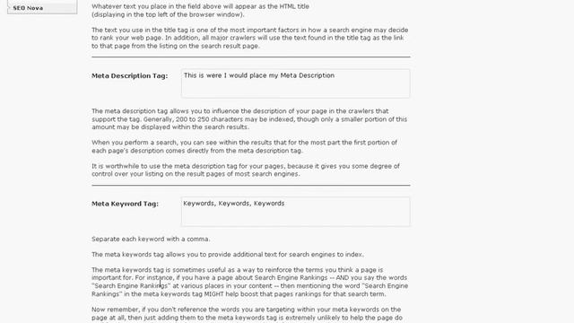 SEO Nova Meta Tag Input Instructions