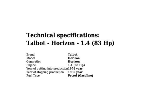 Talbot - Horizon - 1.4 (83 Hp) - Technical specifications