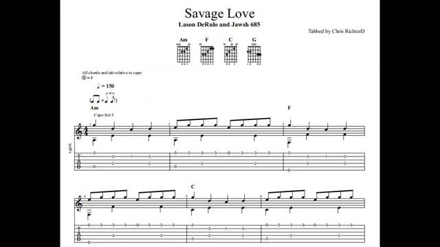 Jason Derulo And Jawsh 685: Savage Love With Tablature/sheet Music For Solo Fingerstyle Guitar