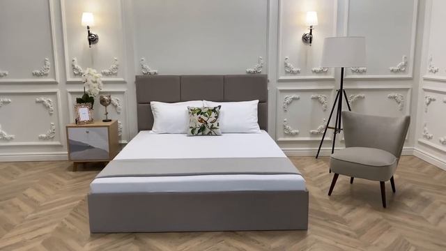Кровать двуспальная с мягким изголовьем 160х200 серо-бежевая Ами