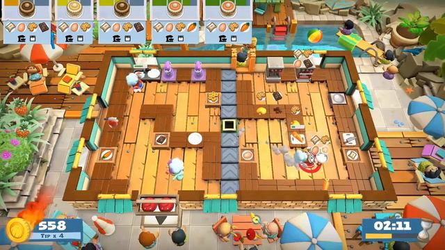 Overcooked! 2, Surf 'n' Turf ~ Level 2-4 ~ 4 Stars, 3 Players