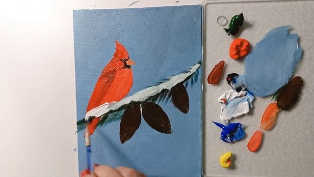 Red Cardinal bird painting.  How to paint a bird. Рисуем птицу красный кардинал satisfying
