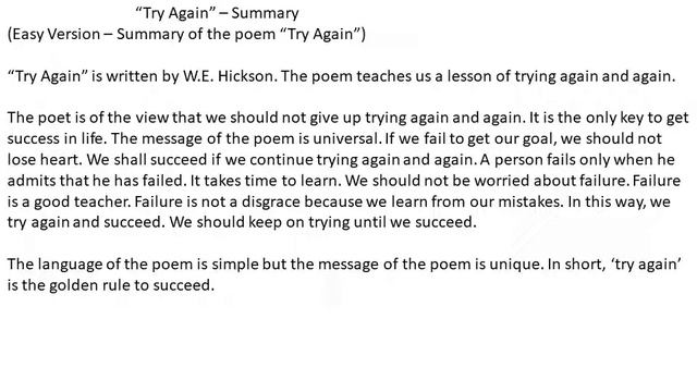 Summary  Try Again  10th Class English Book 