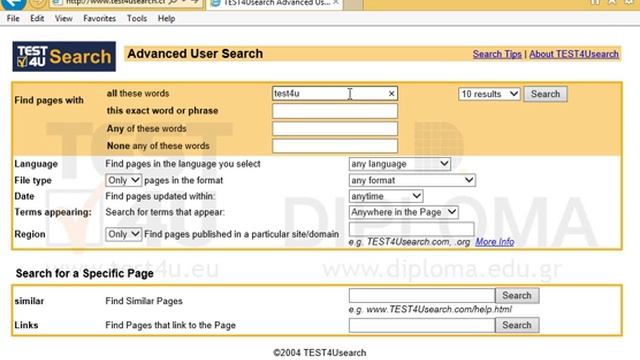 Search For Pages Displaying The Keyword Test4u On The Web Using The Advanced Search Option....