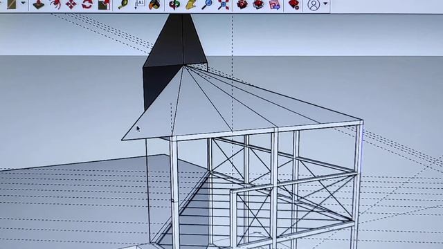 Сложный проект веранды пристройки с крышей под фронтон на углу дома в SketchUp