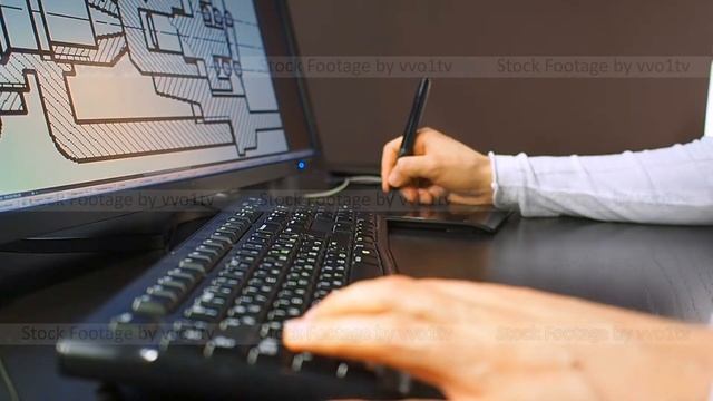 Tablet 28. Close Up Of The Hand Of A Engineer Editing Scheme In CAD System, Breaking Line On LCD