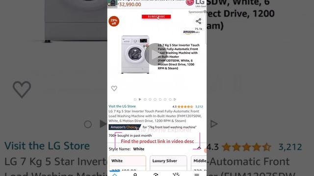 Amazon Offer - 29% OFF At ₹27,490 LG 7 Kg 5 Star Inverter Touch Panel Fully-Automatic Front Load