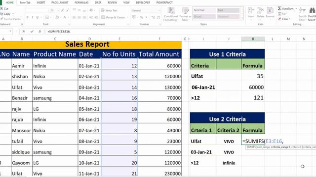 Excel Sales Report With SUMIFS Formula Using Criteria 1 And Criteria 2 By Learning Center