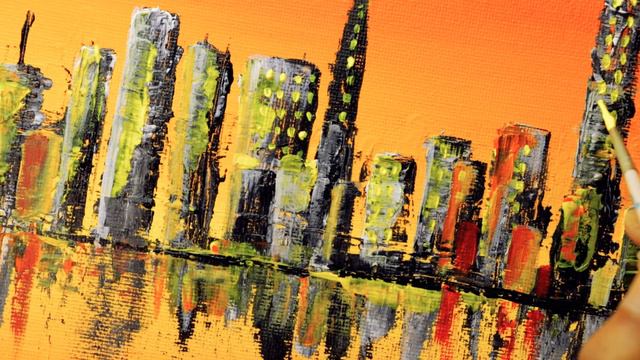 New York Cityscape (2021) Acrylic Painting On Canvas/ NYC Sunset/ Skyline Palette Knife Tutorial