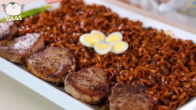 ASMR MUKBANG| 직접 만든 짜파게티 소고기 오이김치 먹방 & 레시피 FRIED STEAK AND BLACK BEAN NOODLES EATING