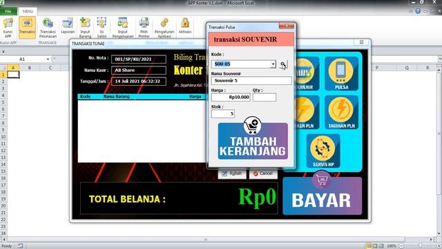 Aplikasi Kasir Konter GRATIS -  Servis, Transaksi (Souvenir, Pulsa, Token,  Bayar PLN) | Excel VBA