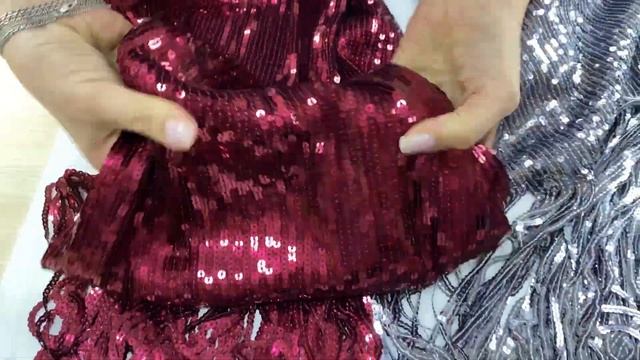 Пайетки на сетке с бахромой, цв. Вишня / Темное серебро