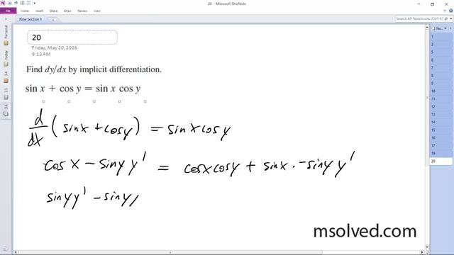 Sin X + Cos Y = Sin X Cos Y, Find Dy/dx By Implicit Differentiation