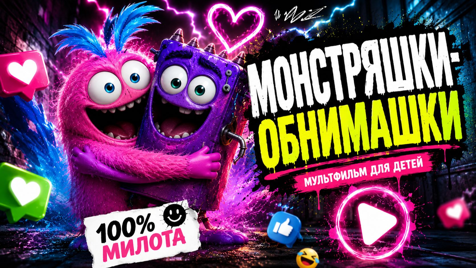 МОНСТРЯШКИ-ОБНИМАШКИ. Cгенерировано с помощью GROK