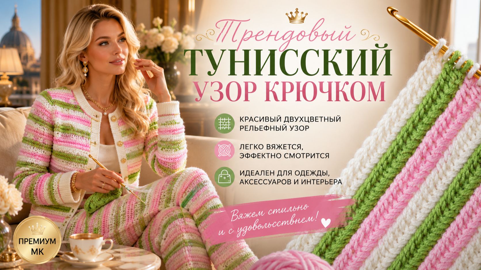 Узоры тунисским крючком: от «сот» до «колоска» — мастер-классы