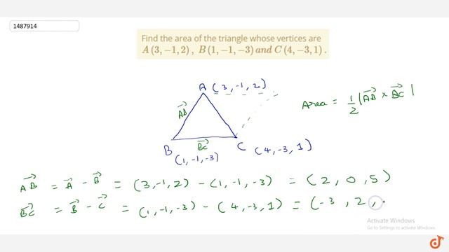 Find the area of the triangle whose vertices are `A(3,-1,2),\\ B(1,-1,-3)a n d\\ C(4,-3,1)dot` смотреть онлайн