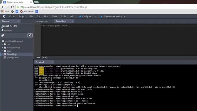Codio Quick Start Grunt - Part 2 - Configure Grunt To Add a Sass Task and Test That Grunt Is Workin смотреть онлайн