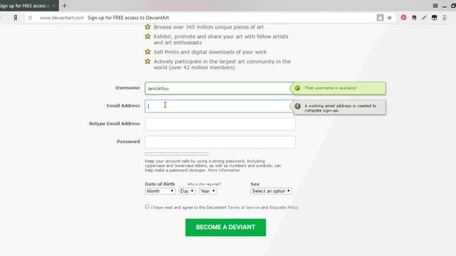 Как регистрироваться на DeviantArt