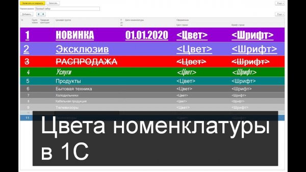 Раскраска номенклатуры в 1С (новинки, распродажа, акции)