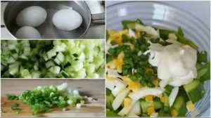 Салат с зелёным луком яйцом и огурцом