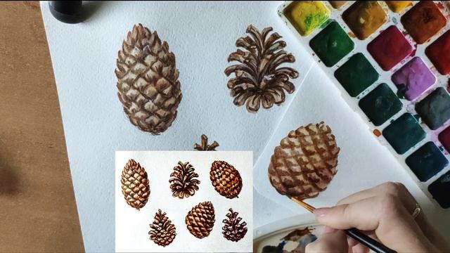 Как нарисовать шишки акварелью // Short watercolor painting tutorial: pine cones смотреть онлайн