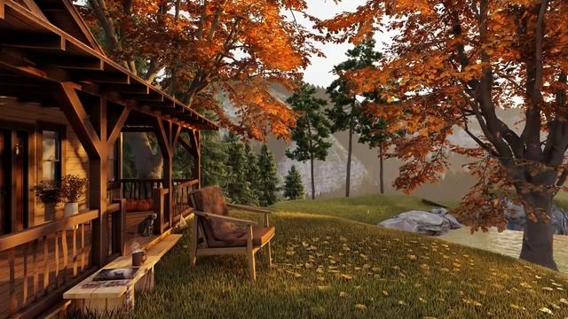 Autumn Cozy Porch in Forest by the Lake Ambience with Falling Leaves, Birdsong & Water Waves Sounds смотреть онлайн