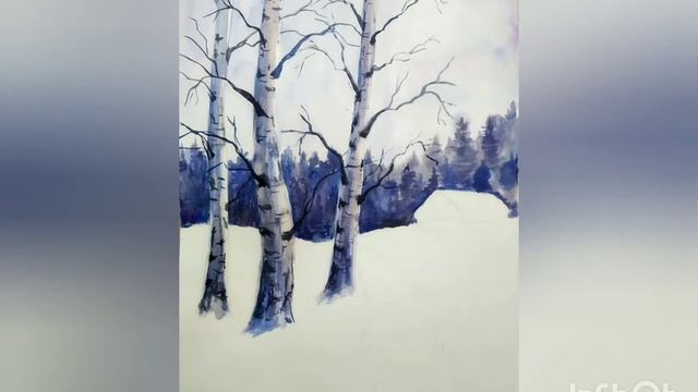 Как нарисовать зимний пейзаж с берёзами.Рисуем зиму. смотреть онлайн