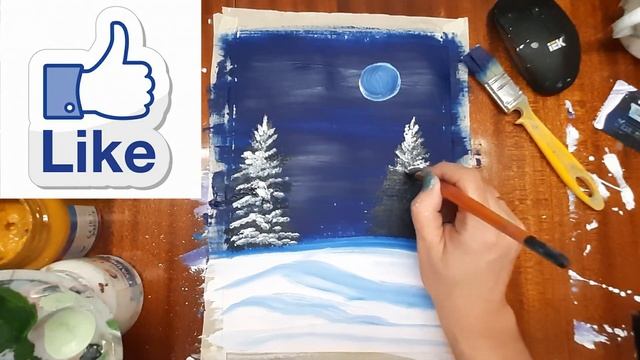 Как нарисовать домик под луной. Нарисуем зиму в деревне. Рисуем зимний пейзаж. Деревенский домик. смотреть онлайн