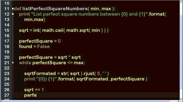 perfect square numbers in a range in python ? смотреть онлайн